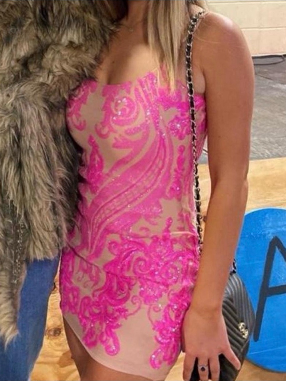 Lucy in the Sky Pink Sequin Embellished Nude Mini Dress